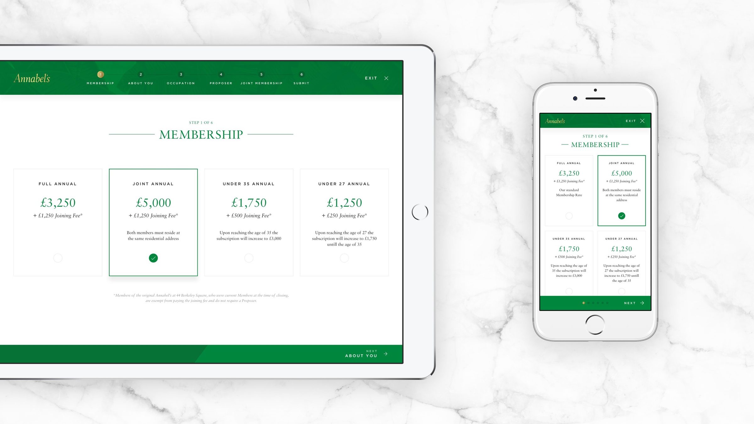 Membership tiers shown on tablet and phone