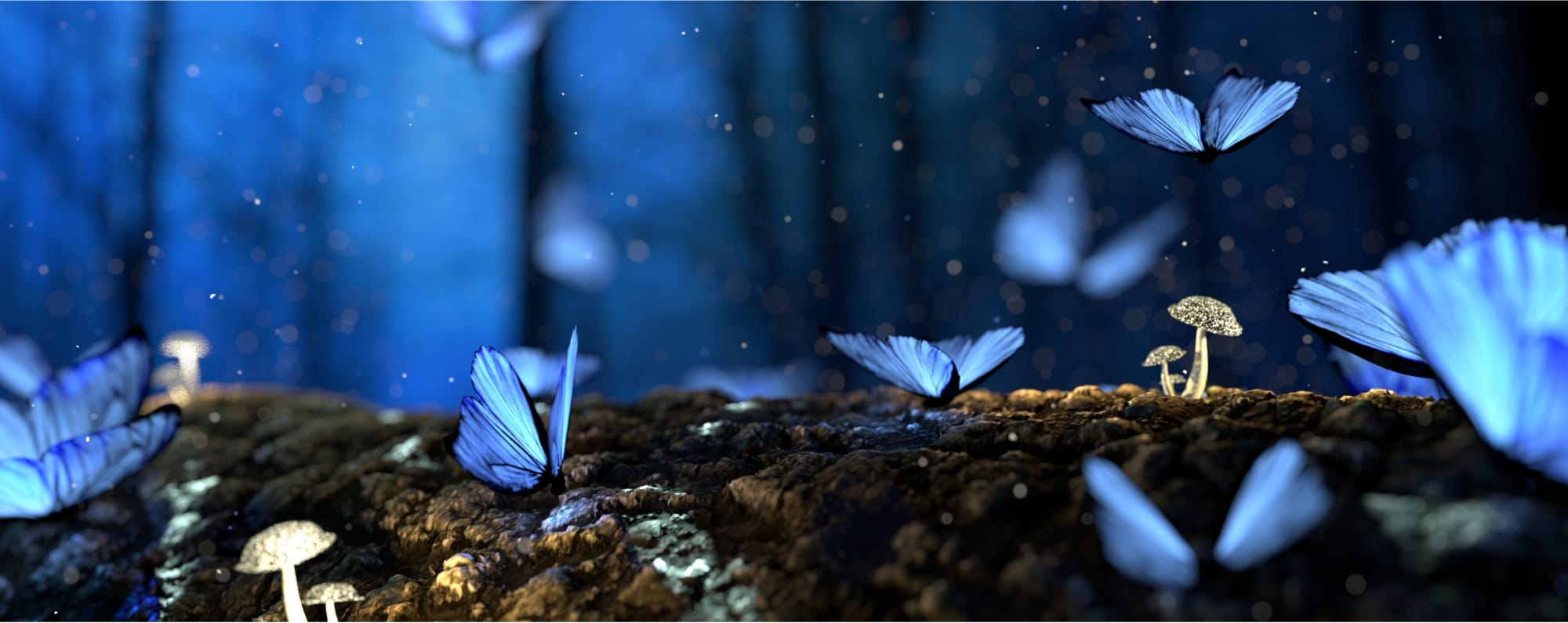 Glowing blue butterflies in a dark forest