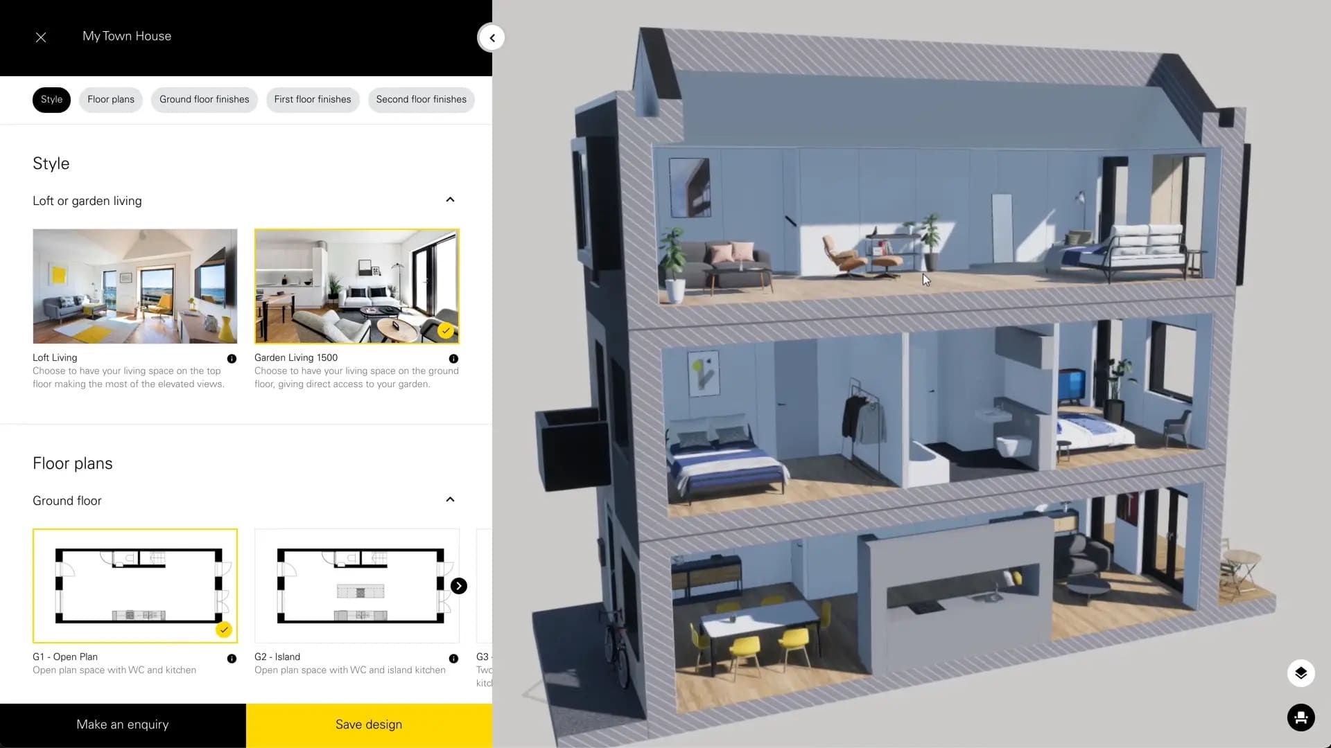 Desktop configurator showing style and floor plan options beside a 3D cutaway of a Town House