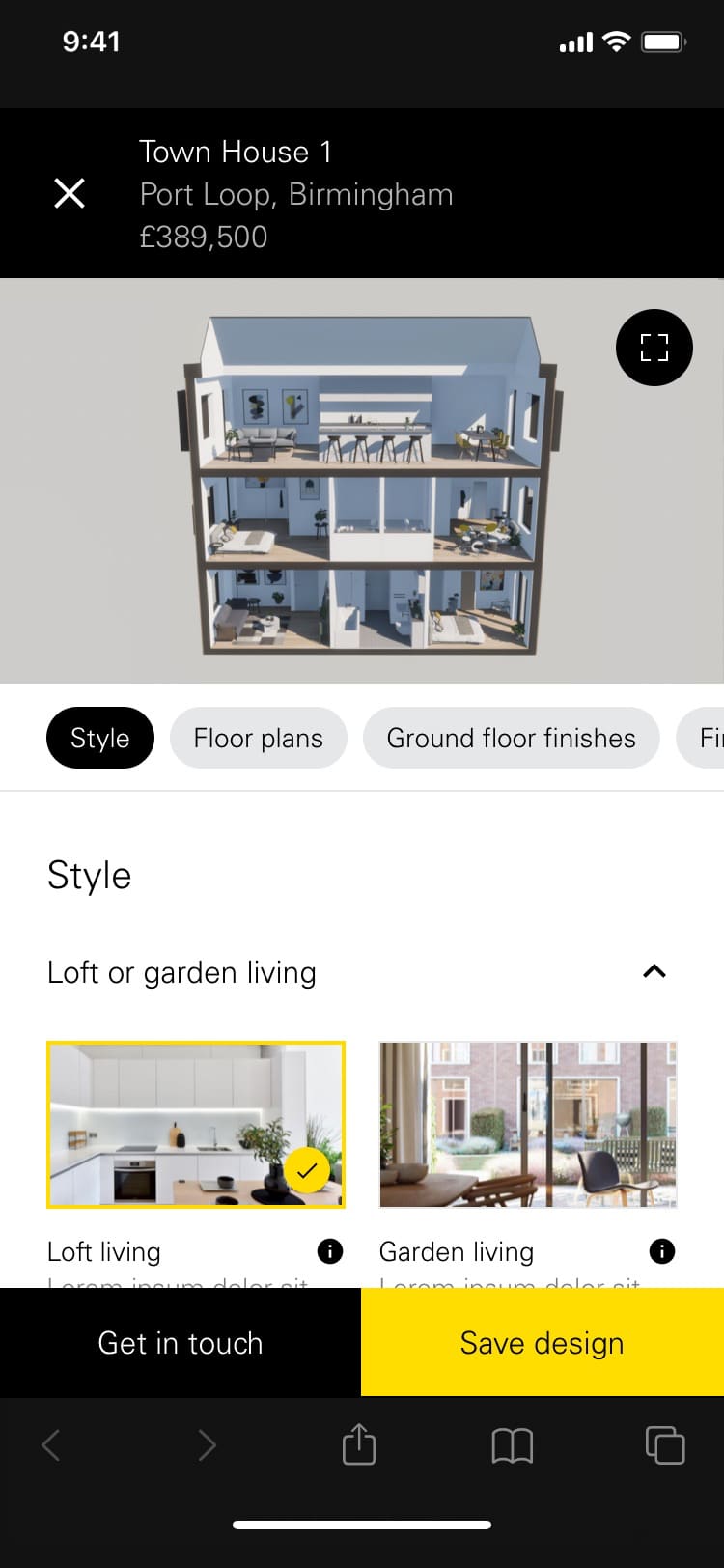 Mobile configurator for Town House 1 at Port Loop, Birmingham