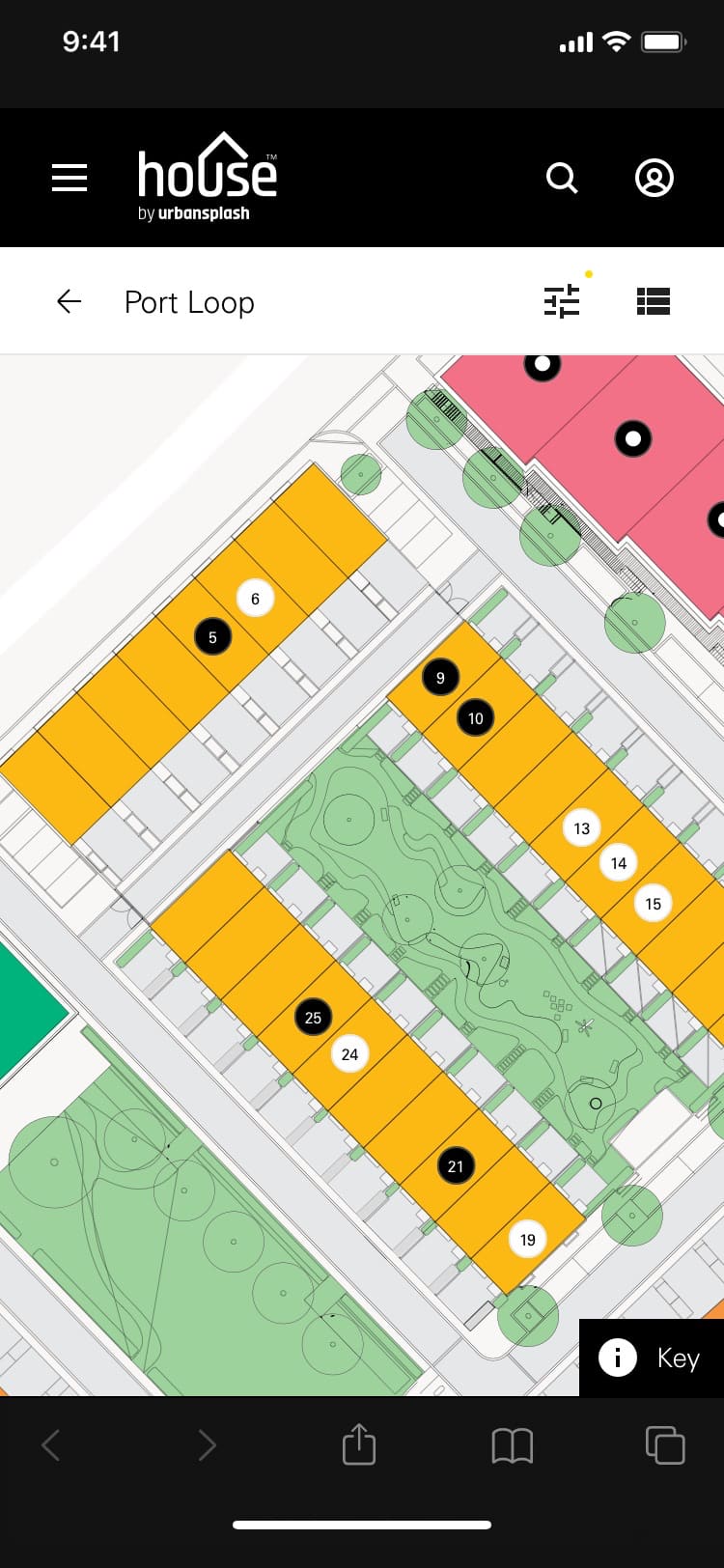 Mobile site plan of Port Loop with available plots highlighted