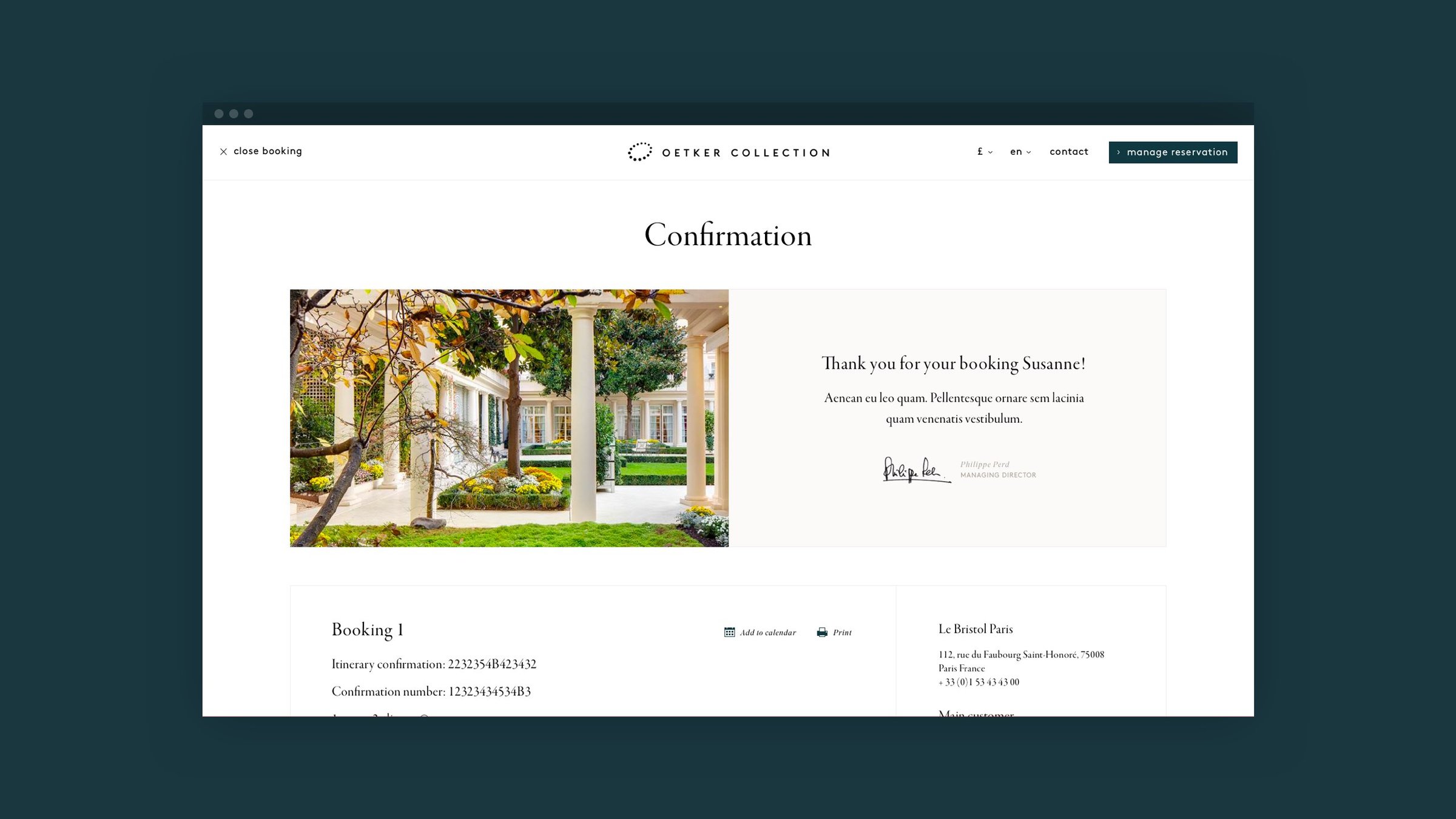 Booking confirmation with a signed welcome note from the hotel