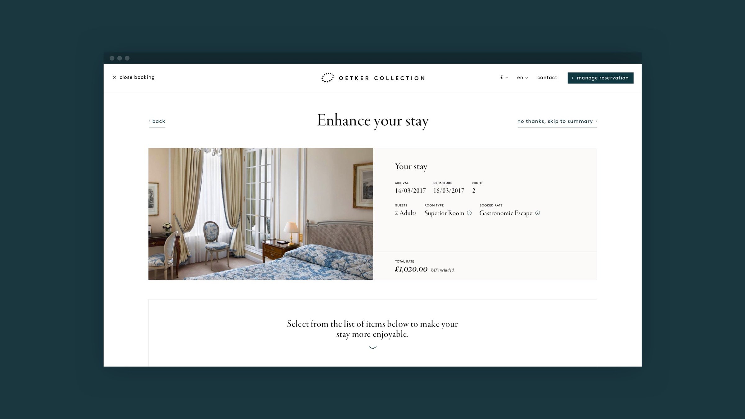 Enhance your stay step with stay summary and extras
