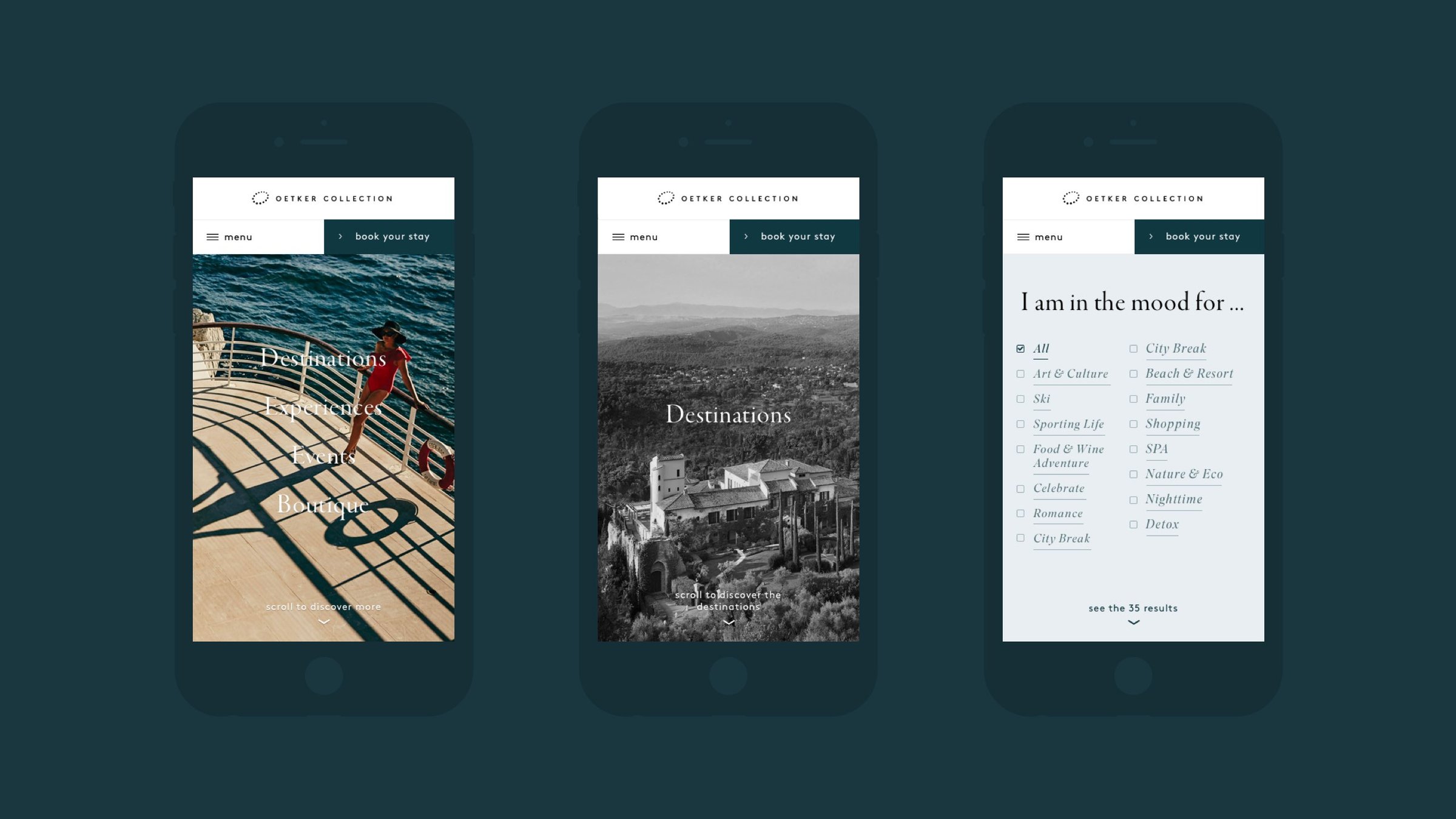 Three mobile screens: destinations, and the mood filter