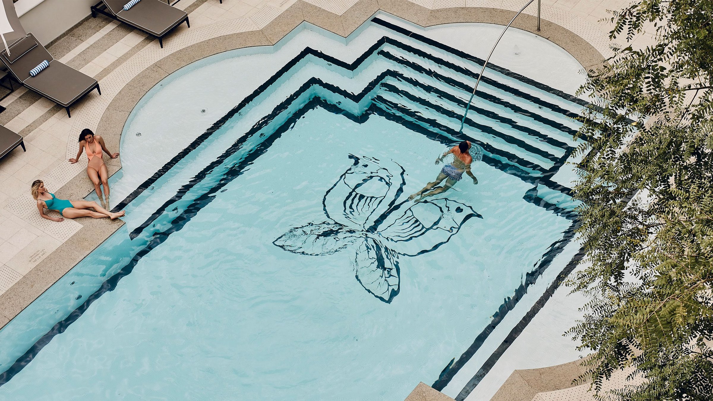 Aerial view of a stepped pool with a butterfly mosaic