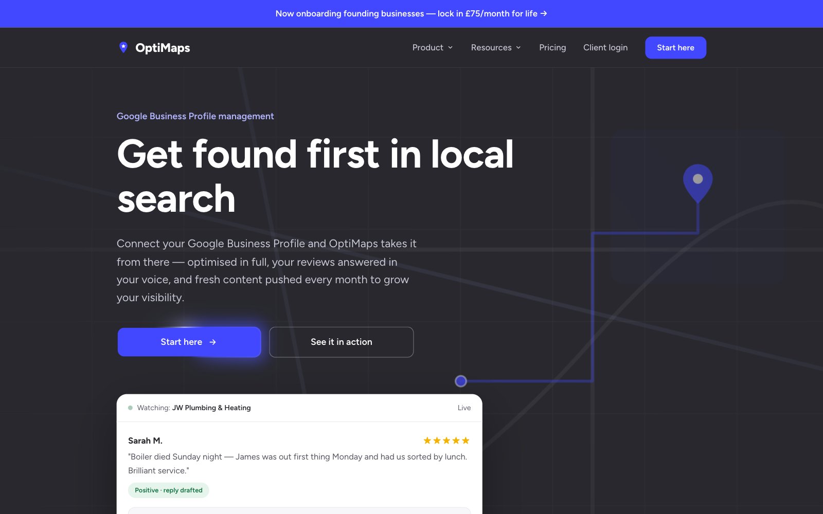 OptiMaps homepage: Get found first in local search, with a live review card for JW Plumbing & Heating