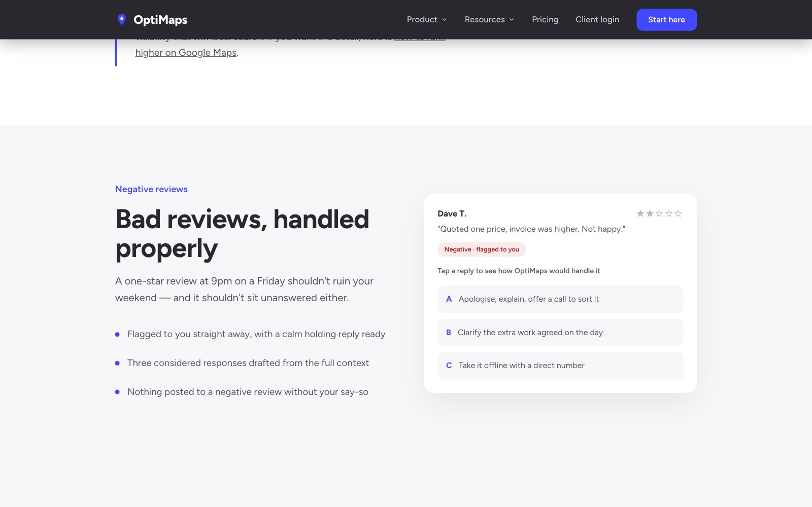 A two-star review flagged to the owner, with three drafted responses to choose from