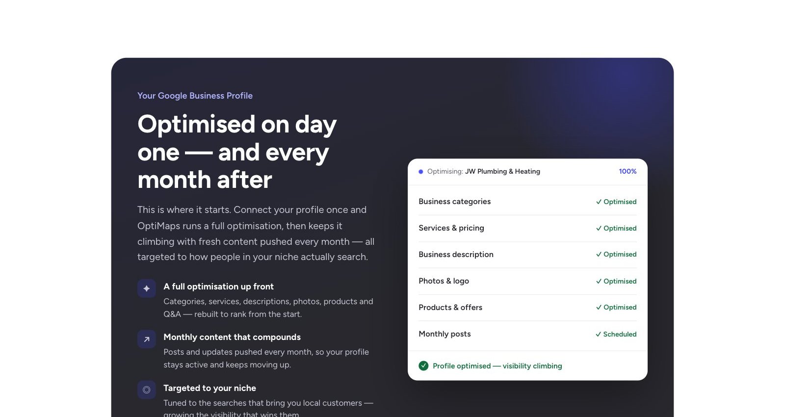 Optimisation checklist for JW Plumbing & Heating at 100%: categories, services, description, photos, products and monthly posts