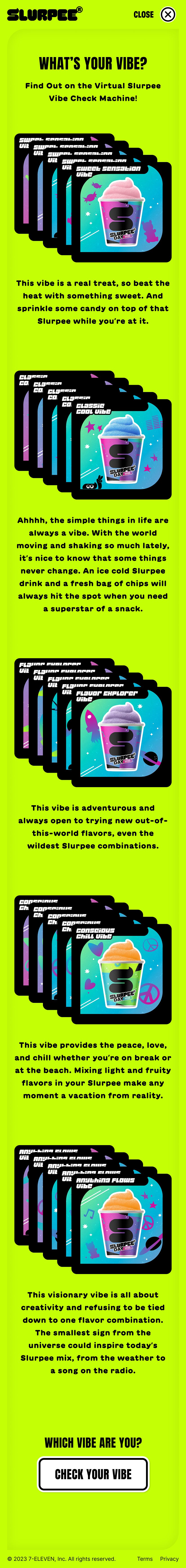 Full list of Slurpee vibes, each with its own collectible artwork